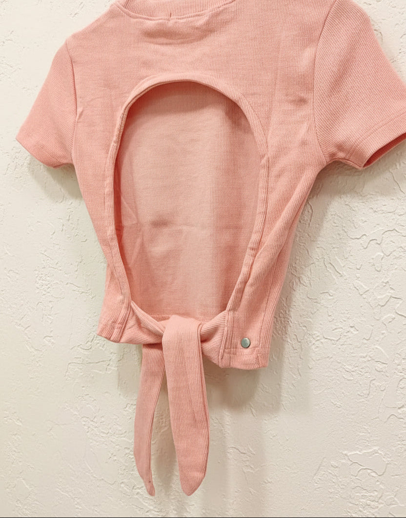 Women's Peach Ribbed Crop Top with Back Cutout and Tie Detail