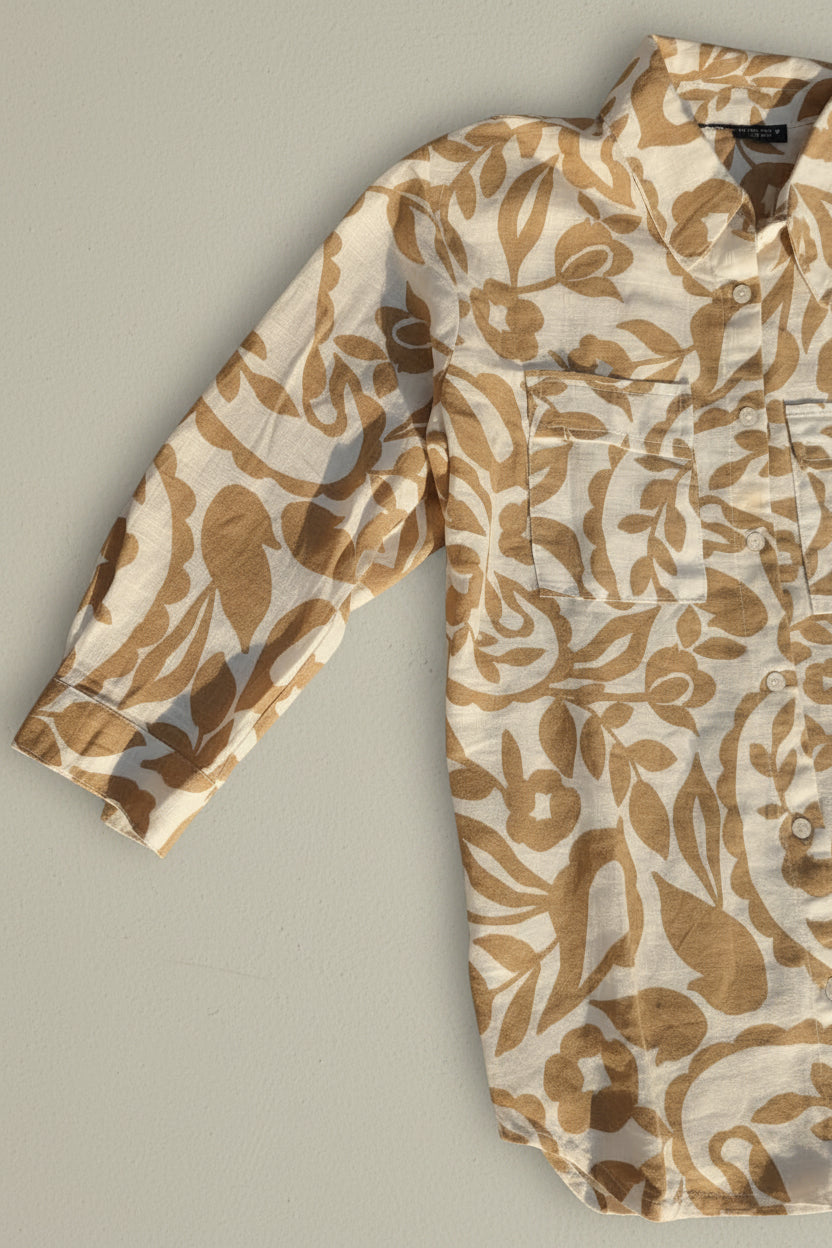 White and Brown Floral Print 3/4 Sleeve Collared Shirt