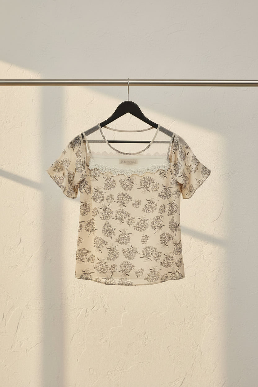 Zara Women's Beige Floral Print Cold Shoulder Top with Lace Detail