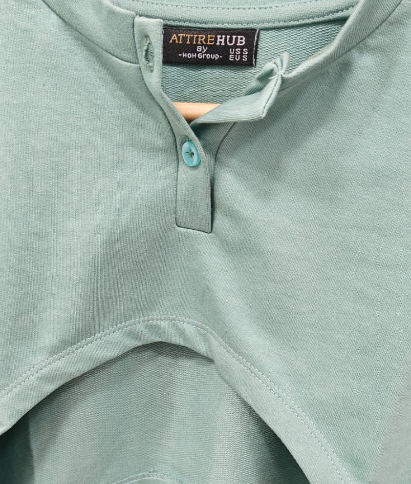 Attirehub Mint Green Long Sleeve Crop Top with Henley Neck