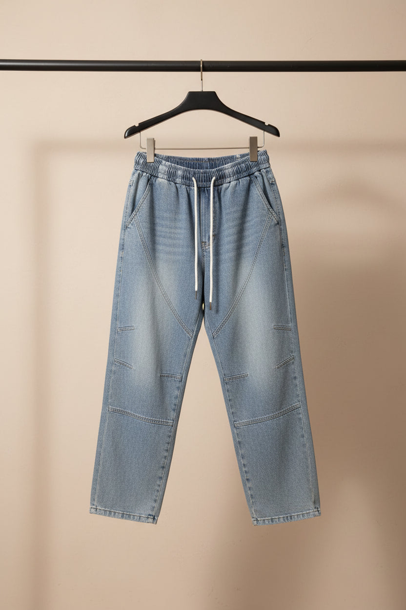 Men's Light Blue Washed Denim Jogger Pants with Elastic Waist