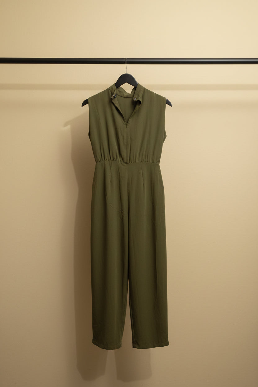 Redress Women's Olive Green Sleeveless Jumpsuit with Elasticated Waist