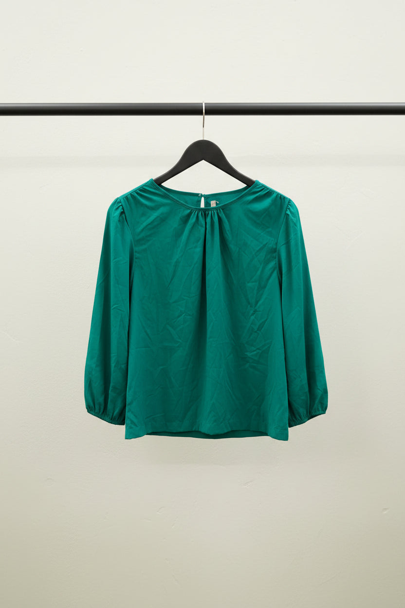 Women's Emerald Green Long Sleeve Gathered Neck Blouse