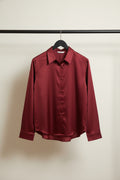 Women's Red Satin Long Sleeve Collared Shirt