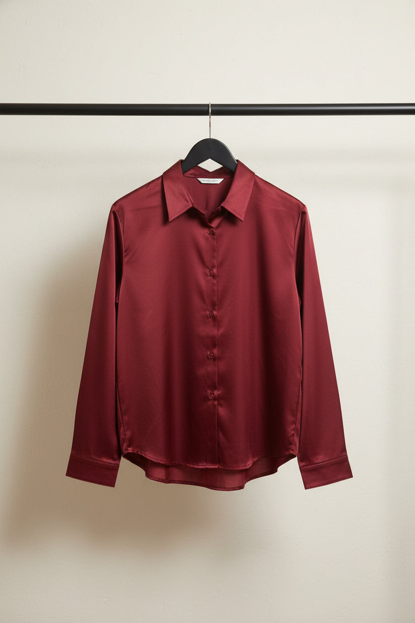 Women's Red Satin Long Sleeve Collared Shirt