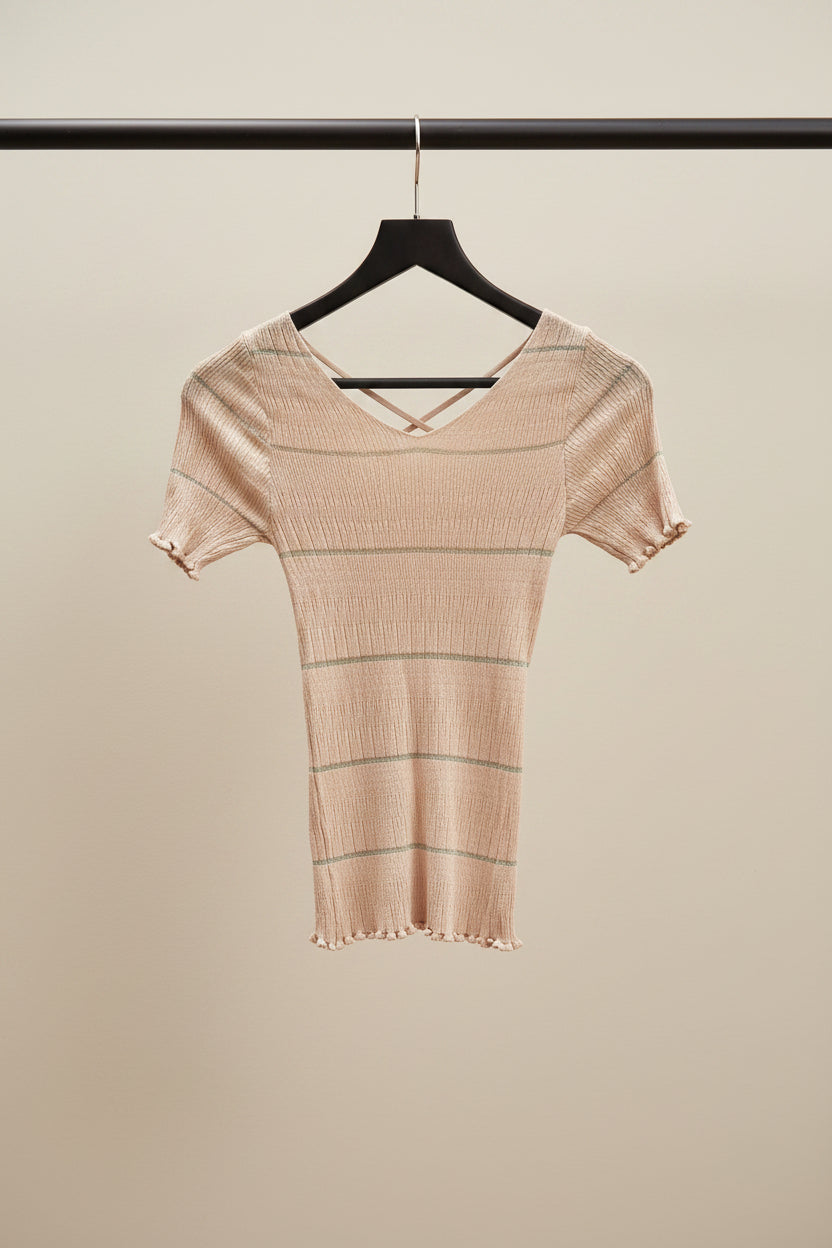 Women's Peach Ribbed Knit Criss-Cross Back Short Sleeve Top