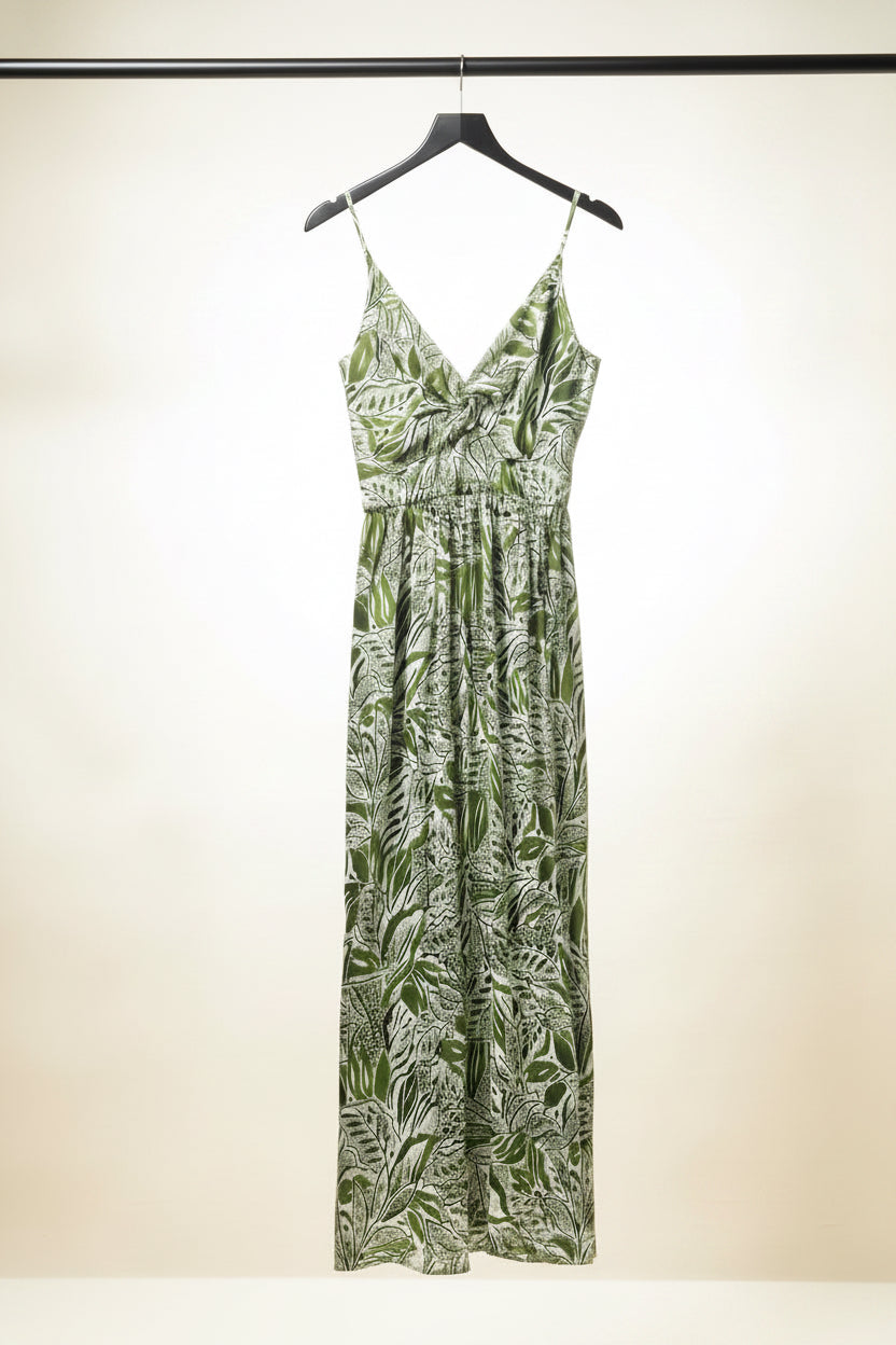 Angie Women's Green & White Leaf Print Rayon Maxi Dress