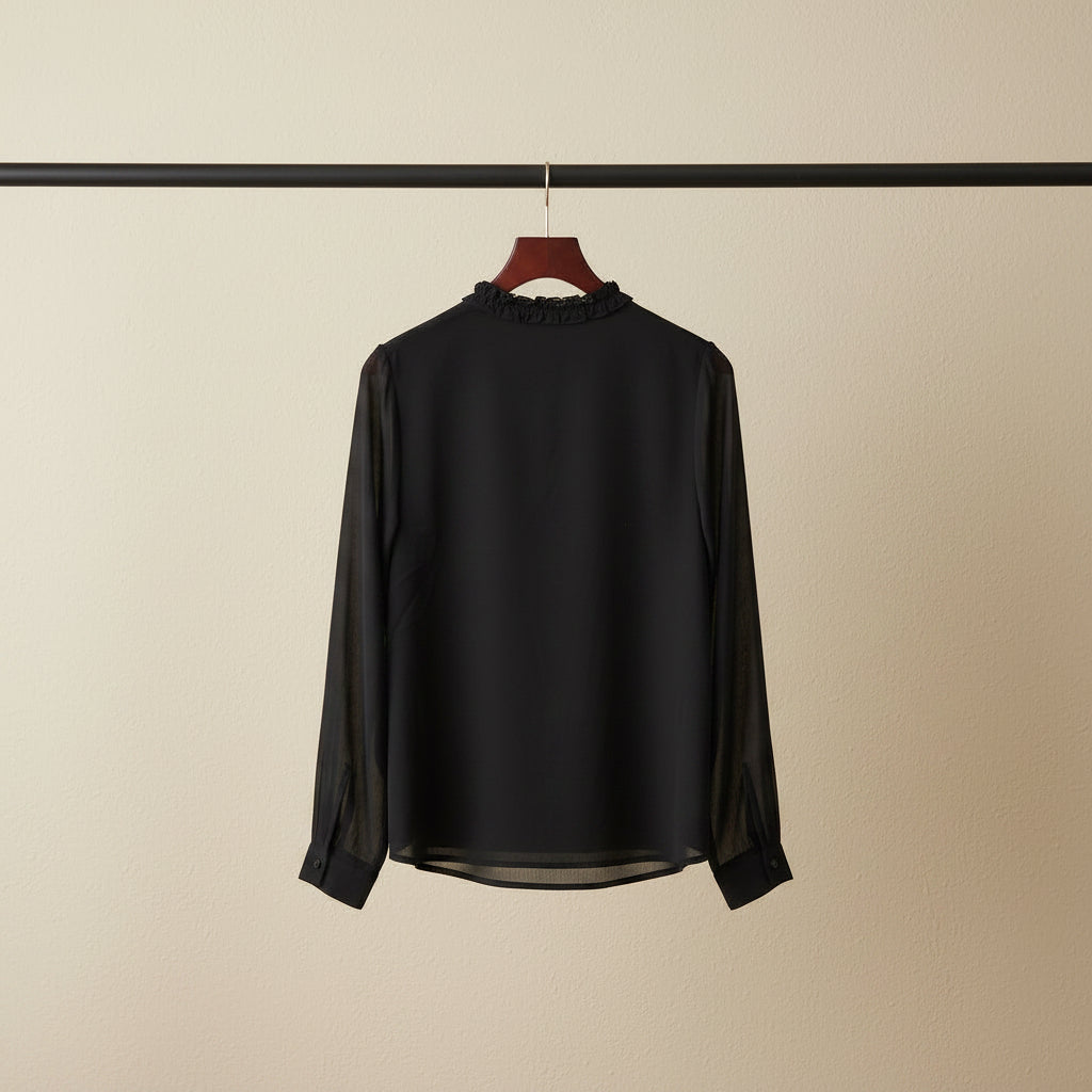 Women's Black Ruffled Long Sleeve Blouse