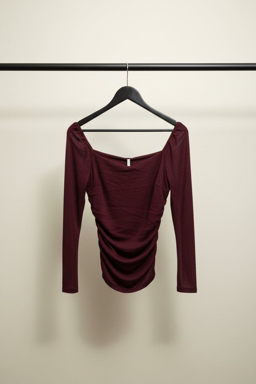 B+ VESTRY Women's Maroon Glitter Long Sleeve Ruched Top