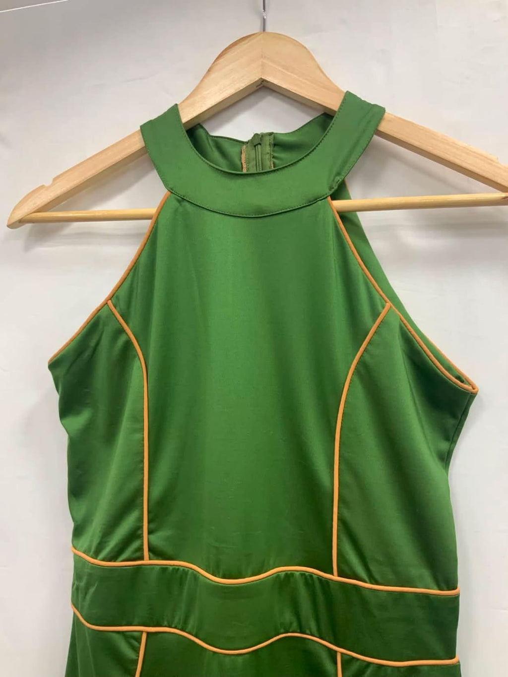 Green Halterneck Bodycon Long Dress with Contrast Piping