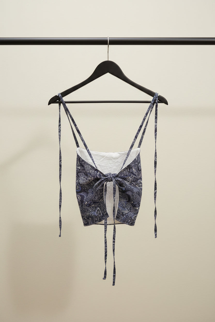 Women's Blue Paisley Print Tie-Strap Crop Top