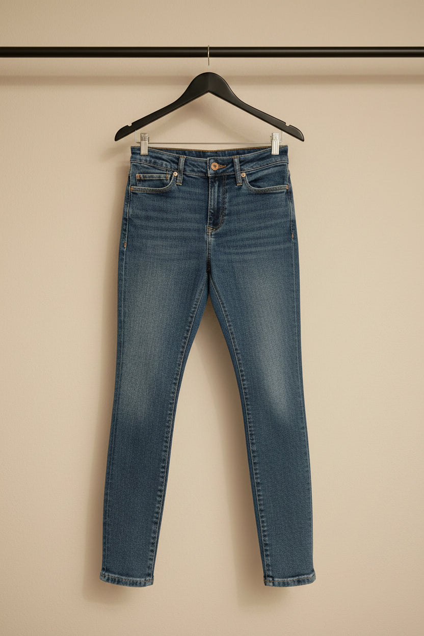 A pair of medium-wash blue denim jeans hanging on a wooden hanger against a white fabric background.