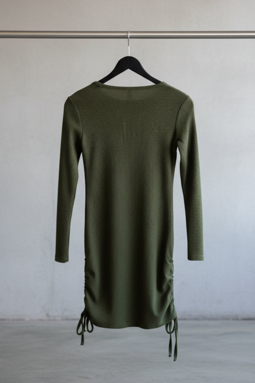 LILLEAGLE Women's Olive Green Waffle Knit Cutout Ruched Midi Dress