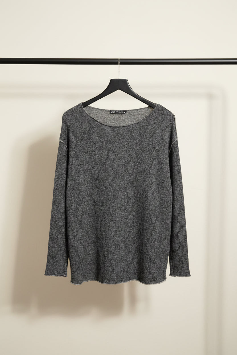 Zara Women's Grey Patterned Long Sleeve Knit Top