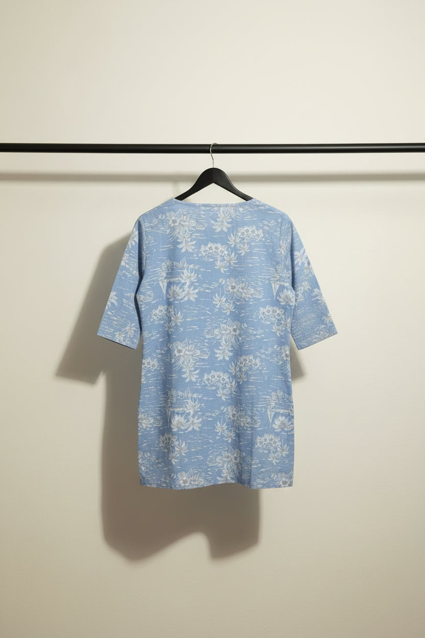 Women's Blue Printed Square Neck 3/4 Sleeve Top