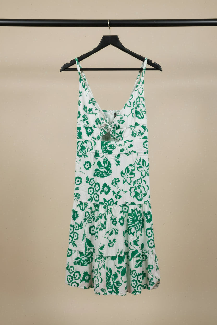Zara Basic White Green Floral Print Knot Front Mini Dress