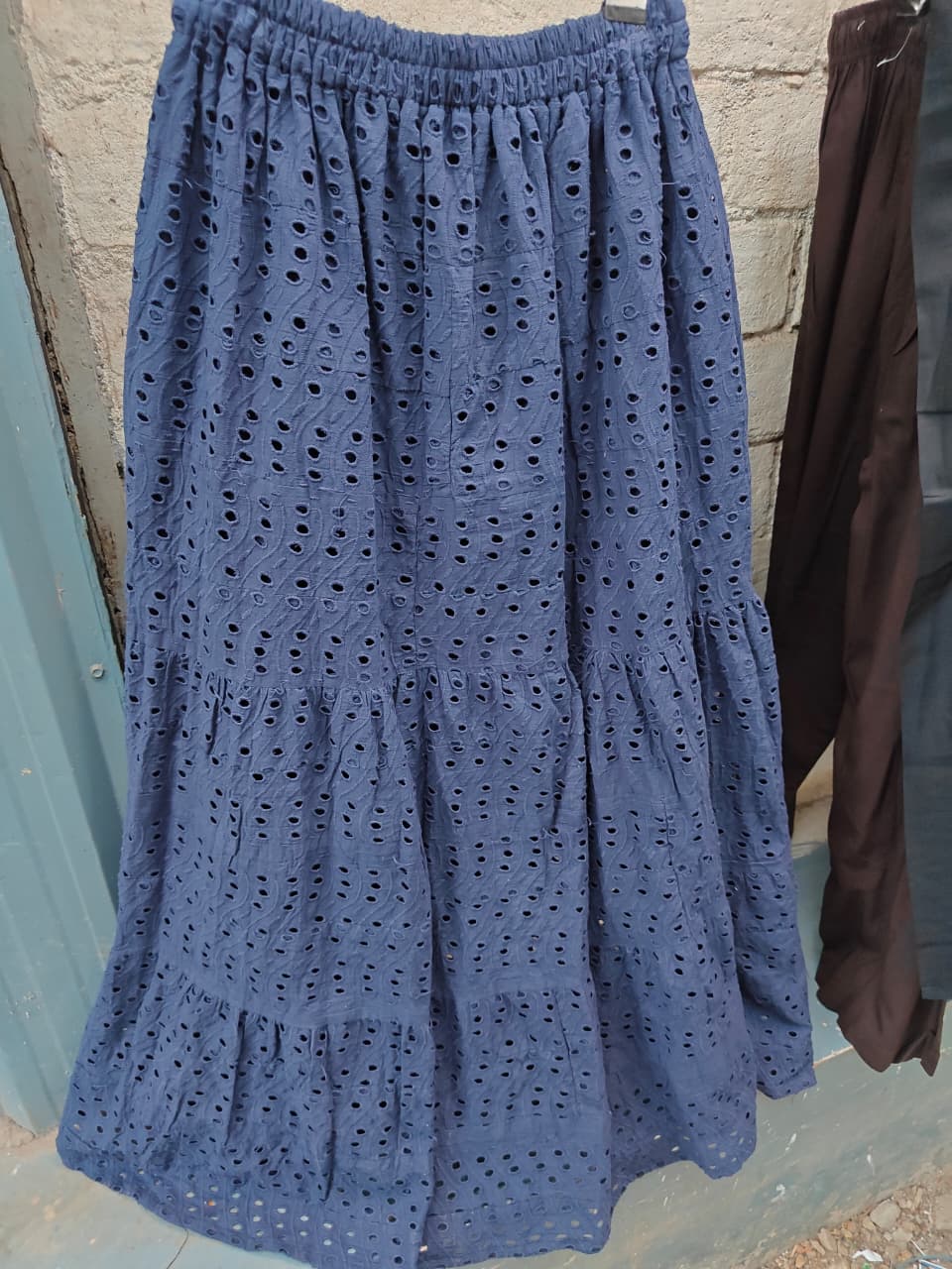 Women's Navy Blue Eyelet Embroidered Tiered Maxi Skirt