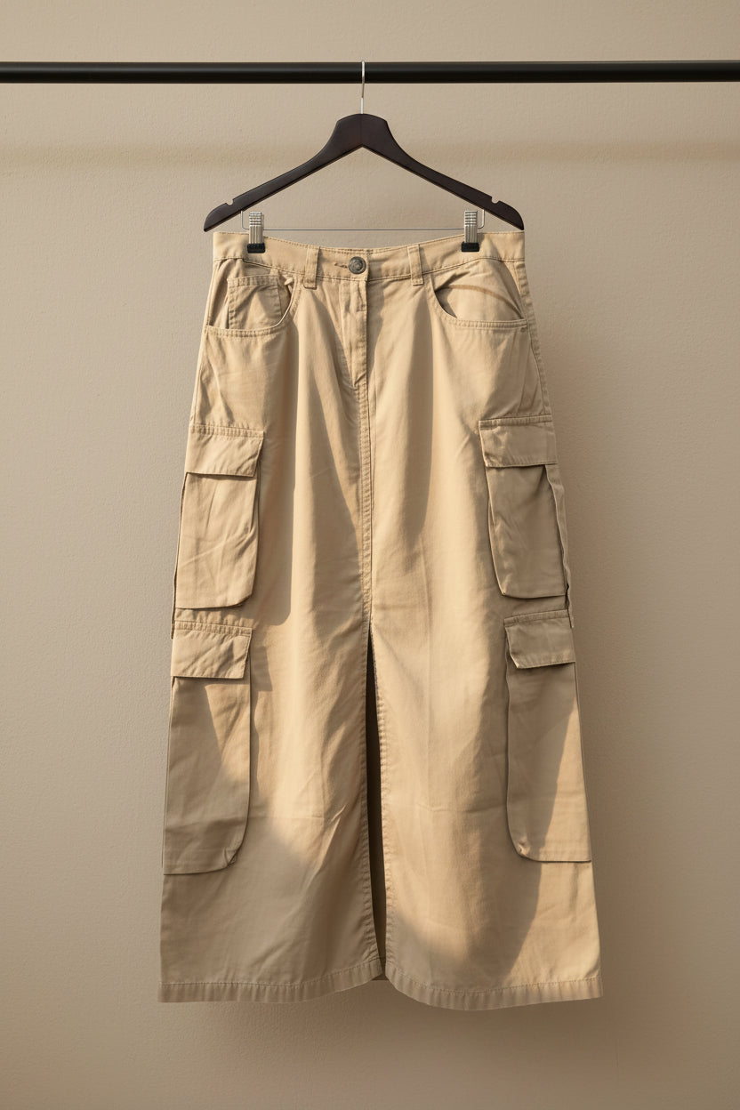 Bene kleed Women's Khaki Cargo Maxi Skirt with Front Slit