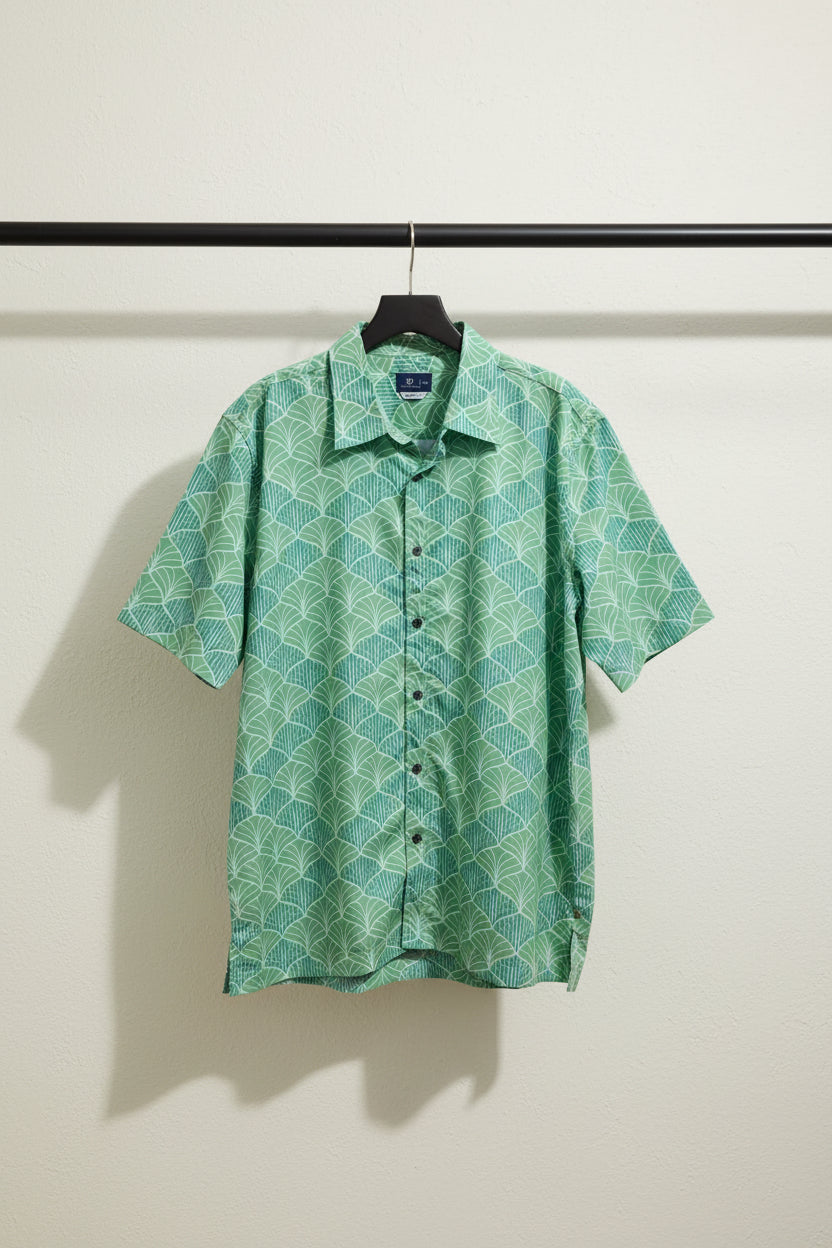 Bulan Bintang Men's Green Patterned Relaxed Fit Short Sleeve Shirt