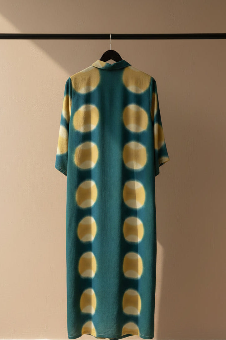 Azurina Teal & Yellow Tie-Dye Long Tunic Dress