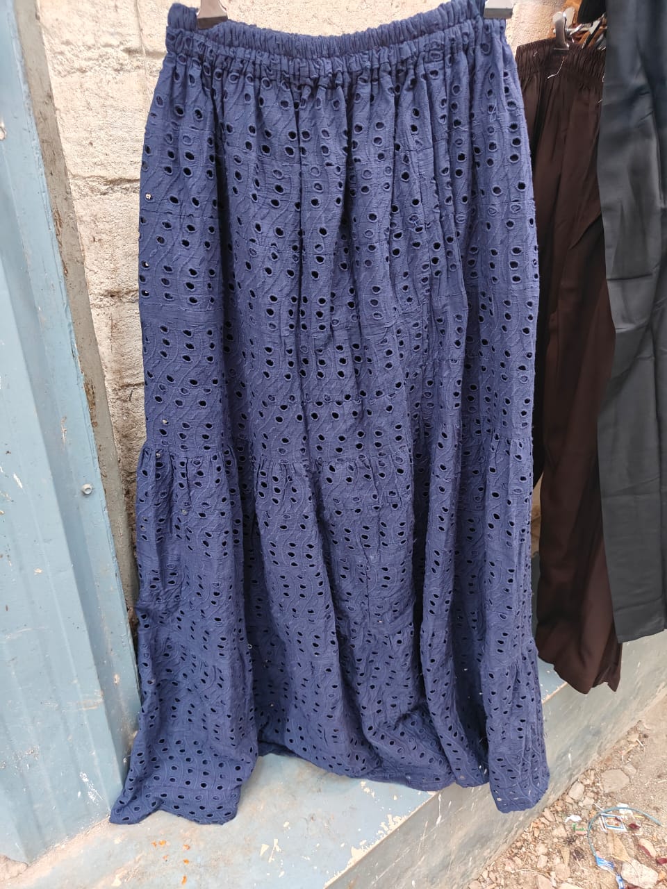 Women's Navy Blue Eyelet Embroidered Tiered Maxi Skirt