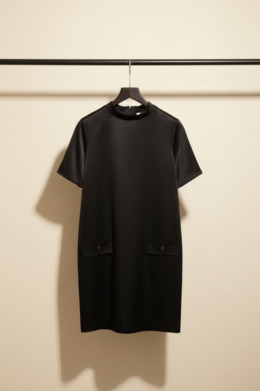 Black High-Neck Short Sleeve Tunic Dress with Pockets