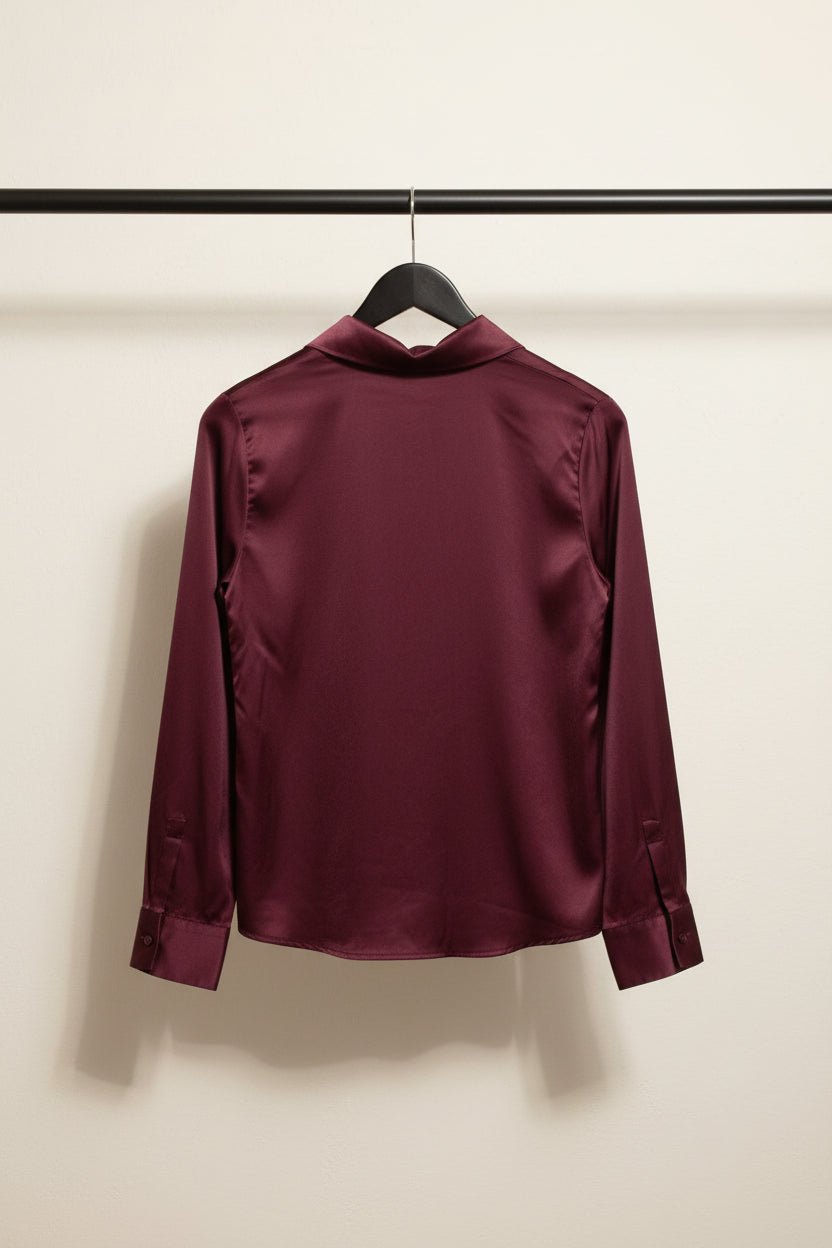 Maroon Satin Long Sleeve Collared Shirt