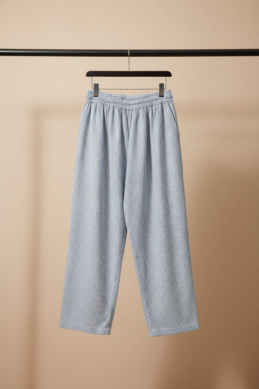 Women's Blue and White Striped Elastic Waist Relaxed Fit Trousers
