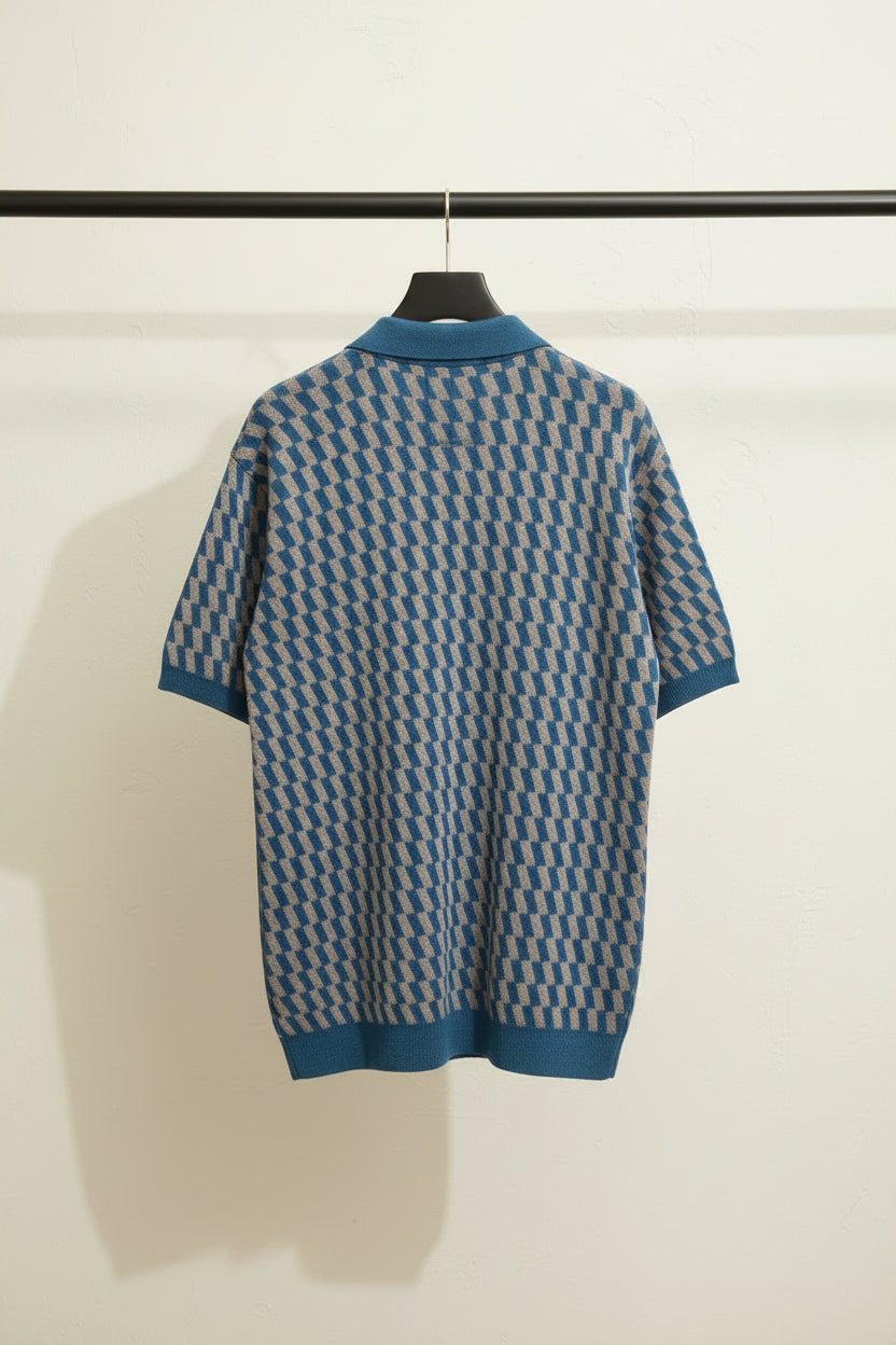Zara Men's Blue & Grey Geometric Knit Polo Shirt