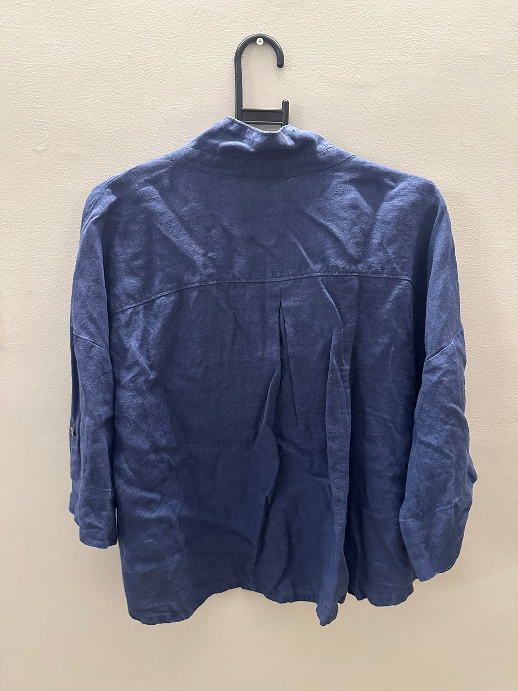 RIMORE Women's Navy Blue Linen Blend 3/4 Sleeve Collared Shirt