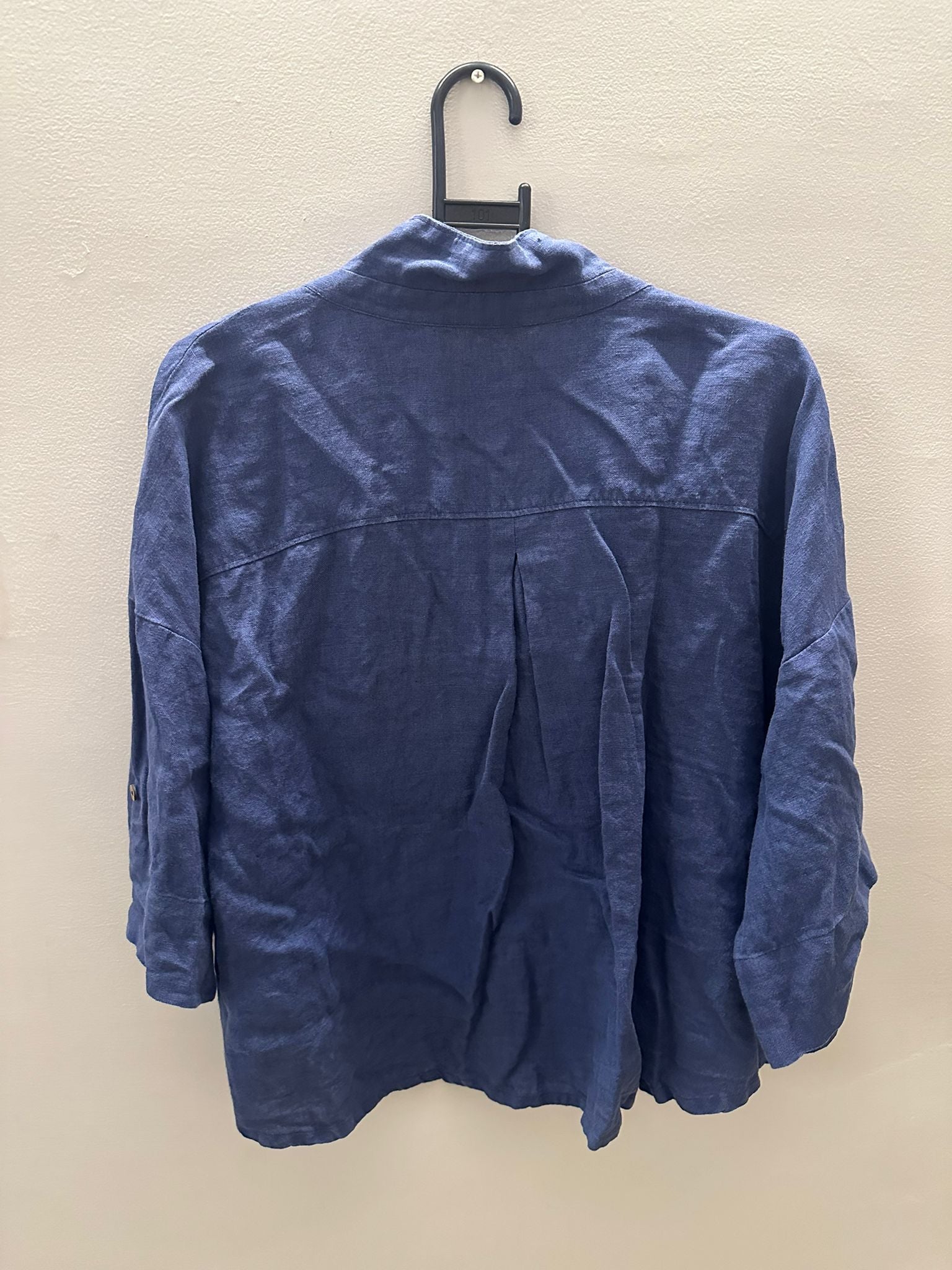 RIMORE Women's Navy Blue Linen Blend 3/4 Sleeve Collared Shirt