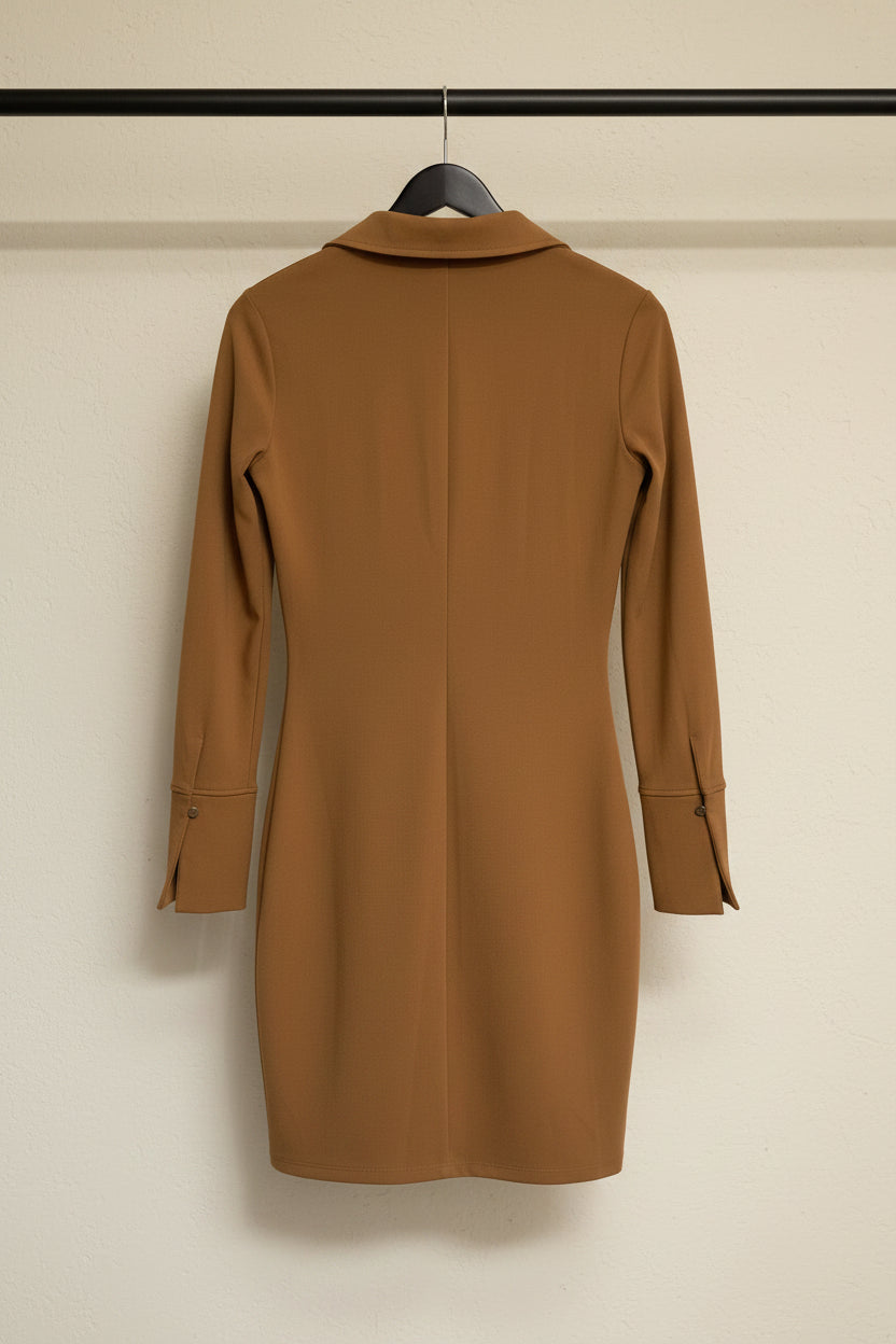 H&M Brown Ruched Button-Front Collared Mini Dress