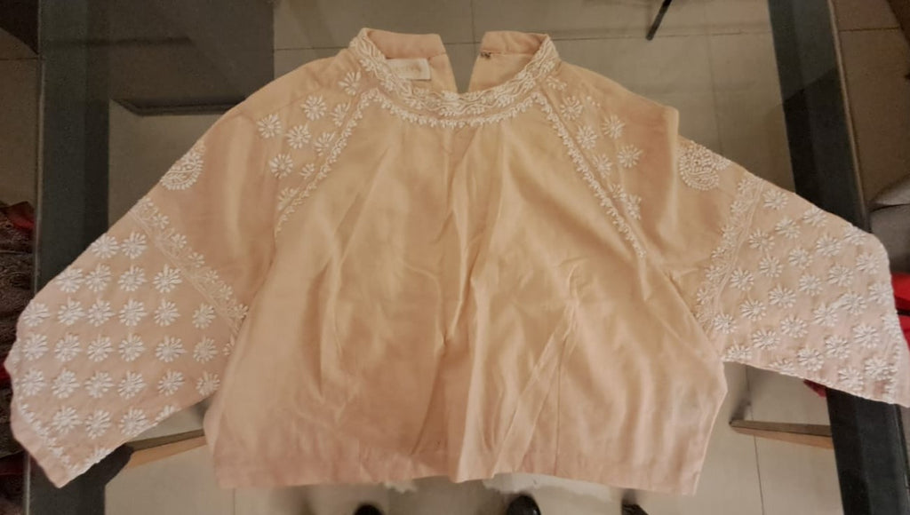 Women's Peach Embroidered Cotton Loose Fit Top