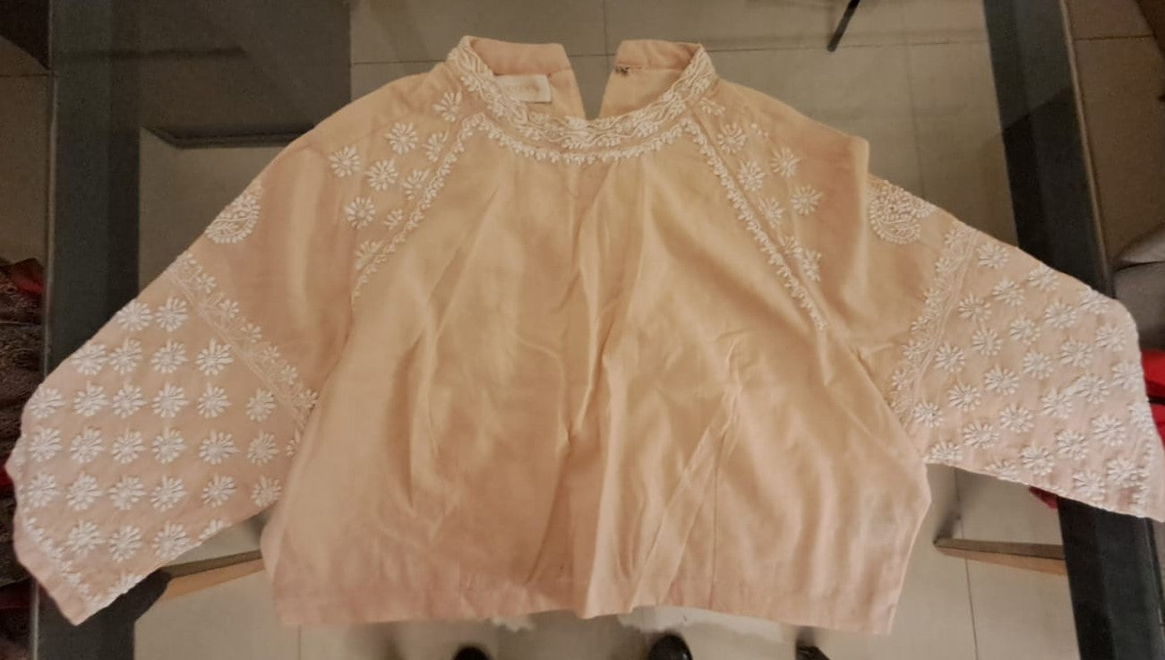 Women's Peach Embroidered Cotton Loose Fit Top