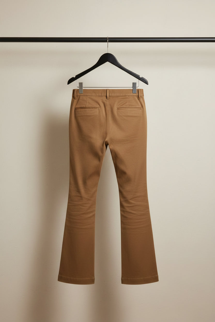 A pair of light brown wide-leg trousers hanging from a wooden hanger outdoors, with tree branches and a garden patio visible in the background.