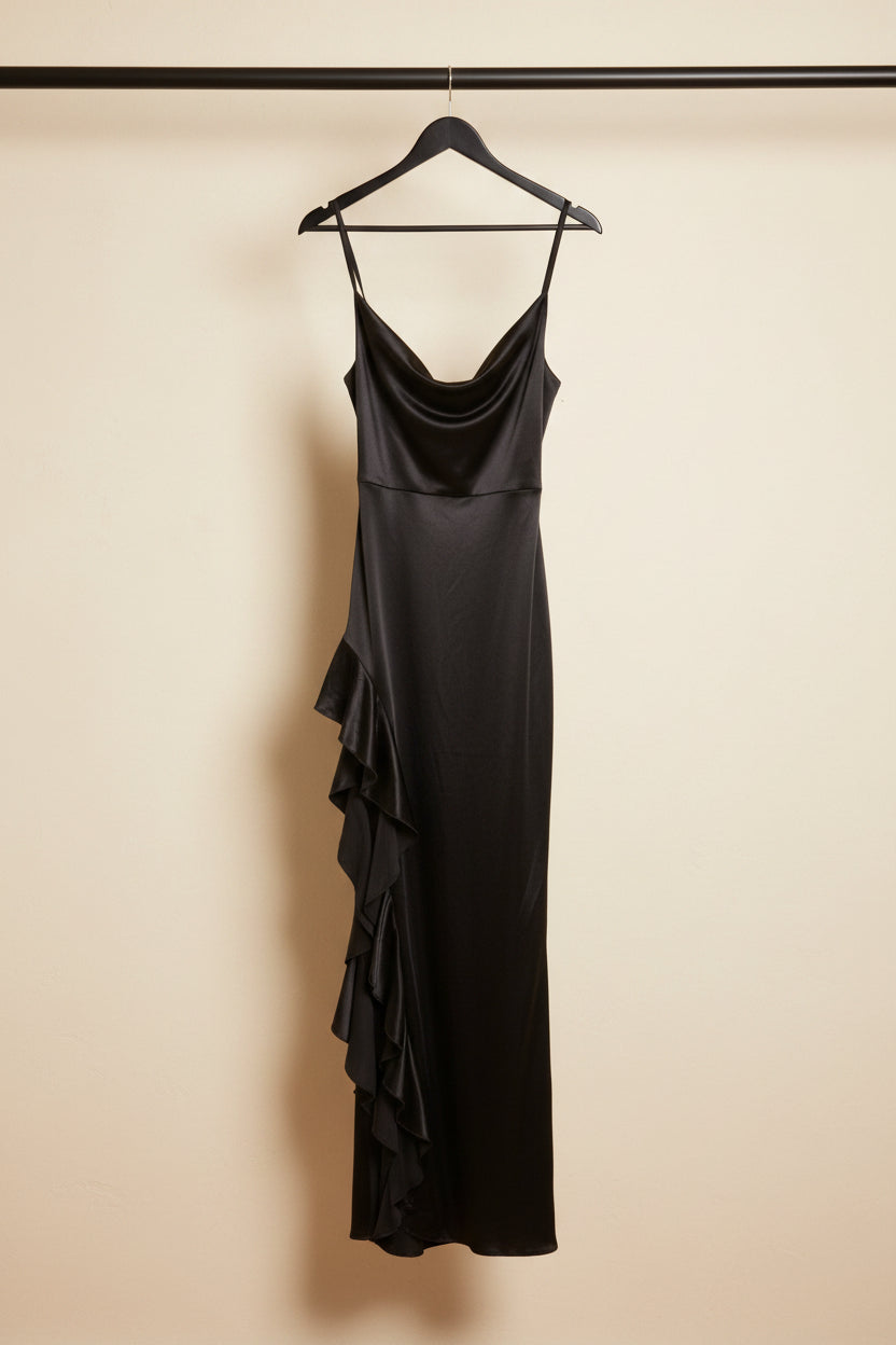 Black Satin Cowl Neck Ruffled Maxi Dress