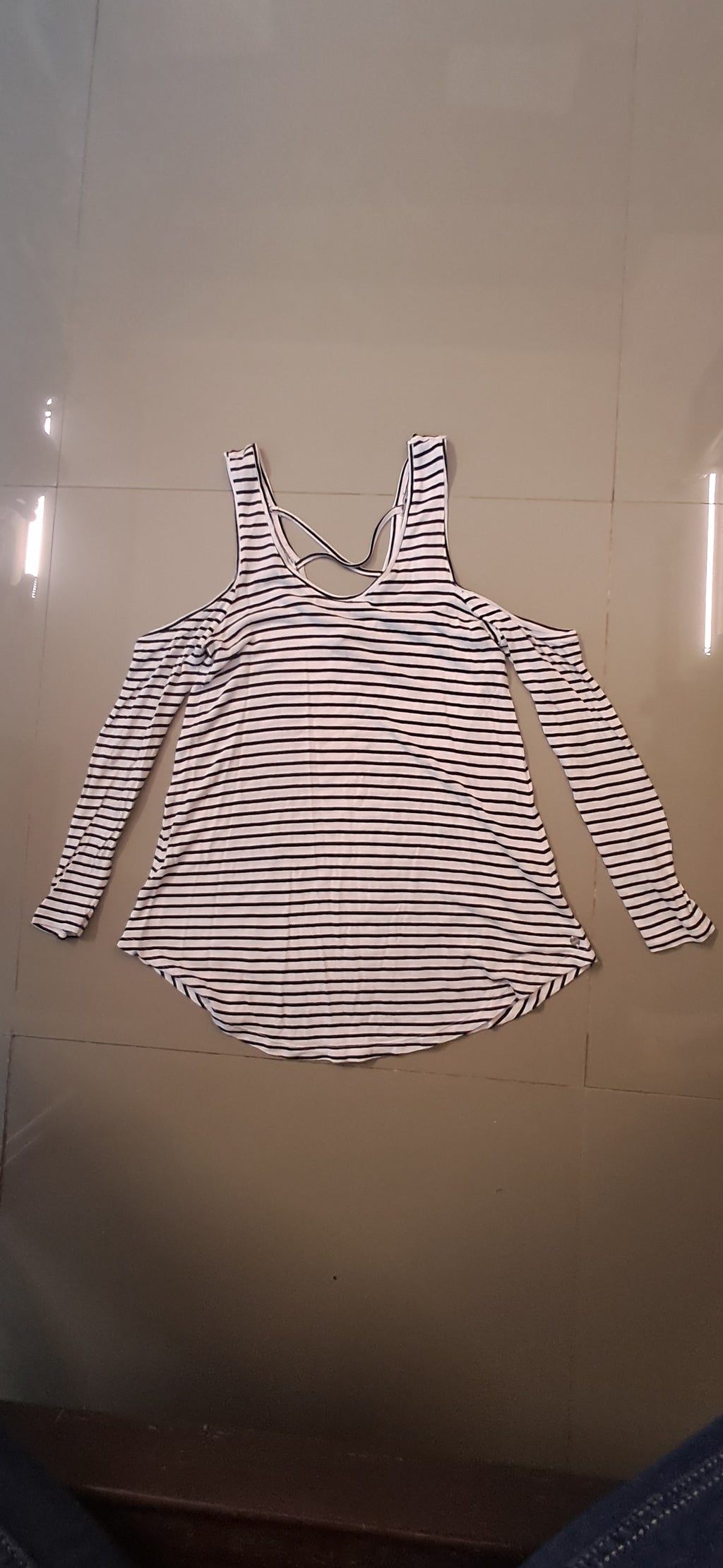 Women's Black and White Striped Cold Shoulder Top by NUON