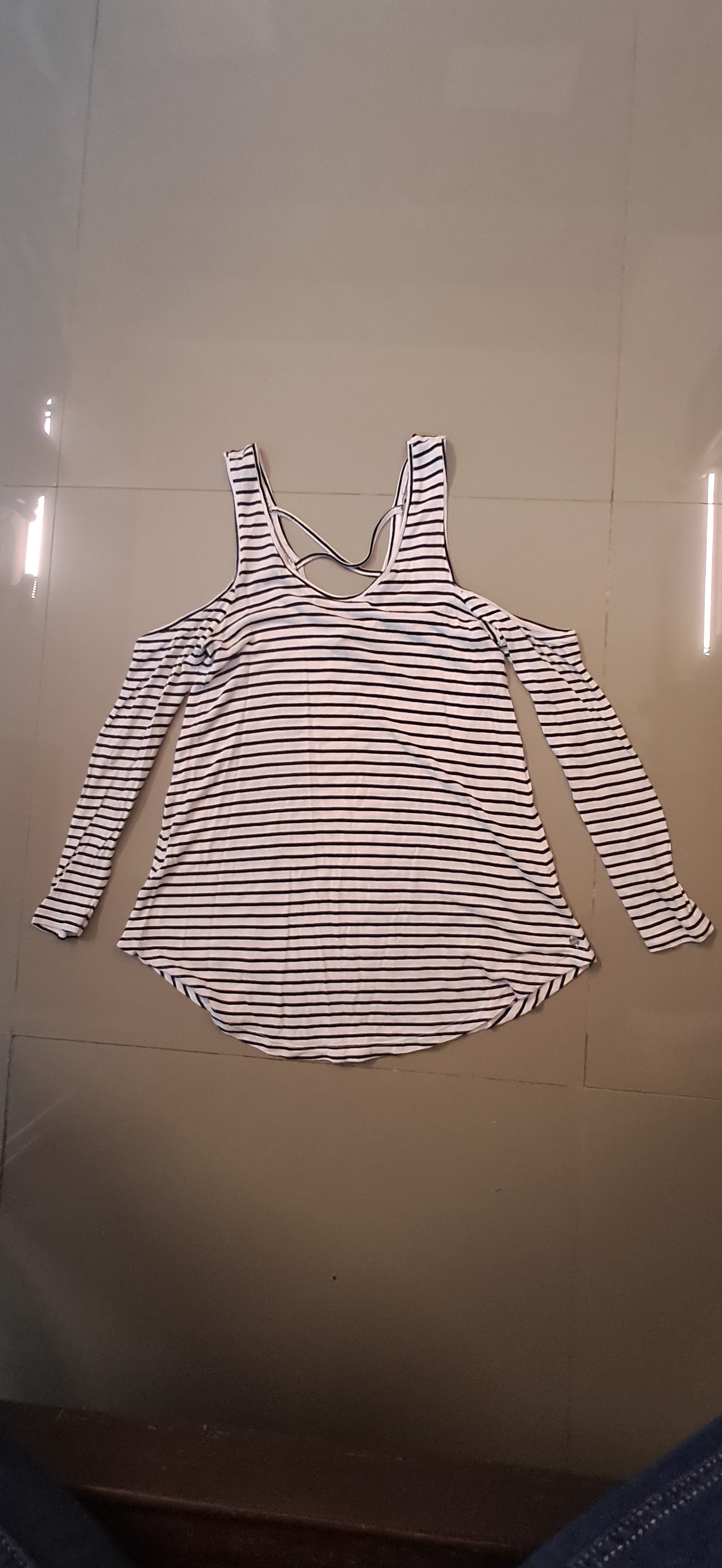 Women's Black and White Striped Cold Shoulder Top by NUON