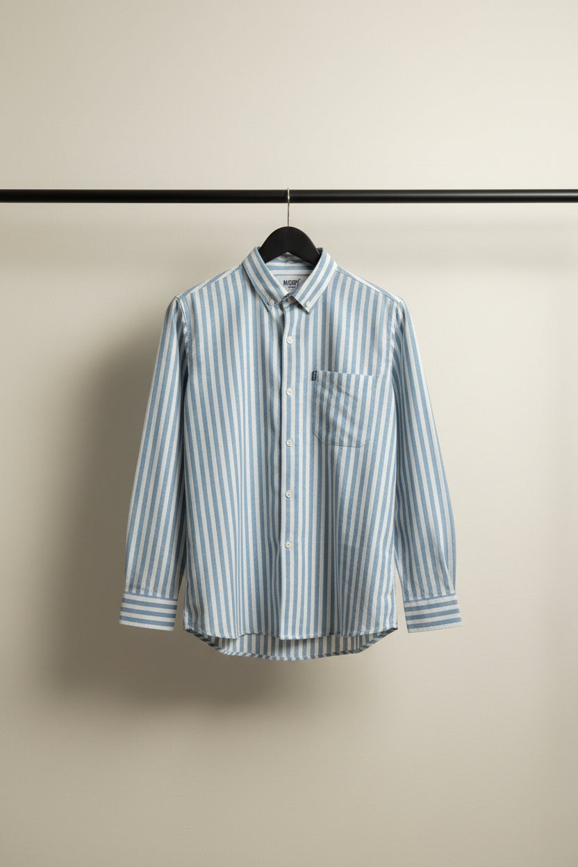 M:DOT Men's Blue and White Striped Long Sleeve Casual Shirt