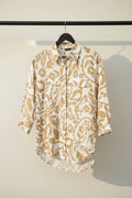 White and Brown Floral Print 3/4 Sleeve Collared Shirt