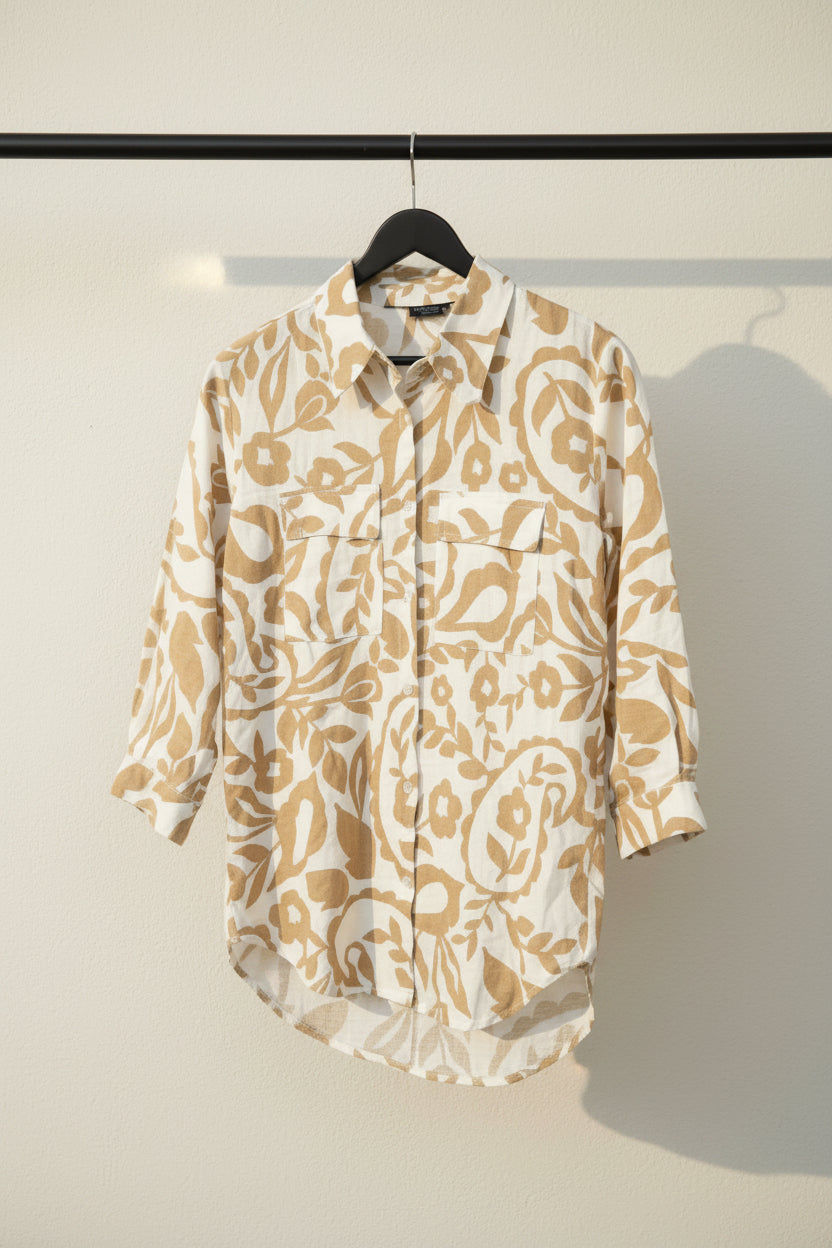 White and Brown Floral Print 3/4 Sleeve Collared Shirt