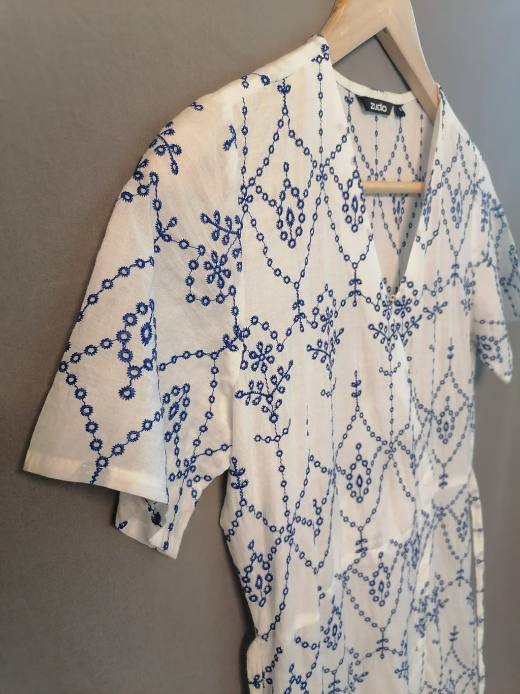 Zudio White & Blue Embroidered Cotton Wrap Dress