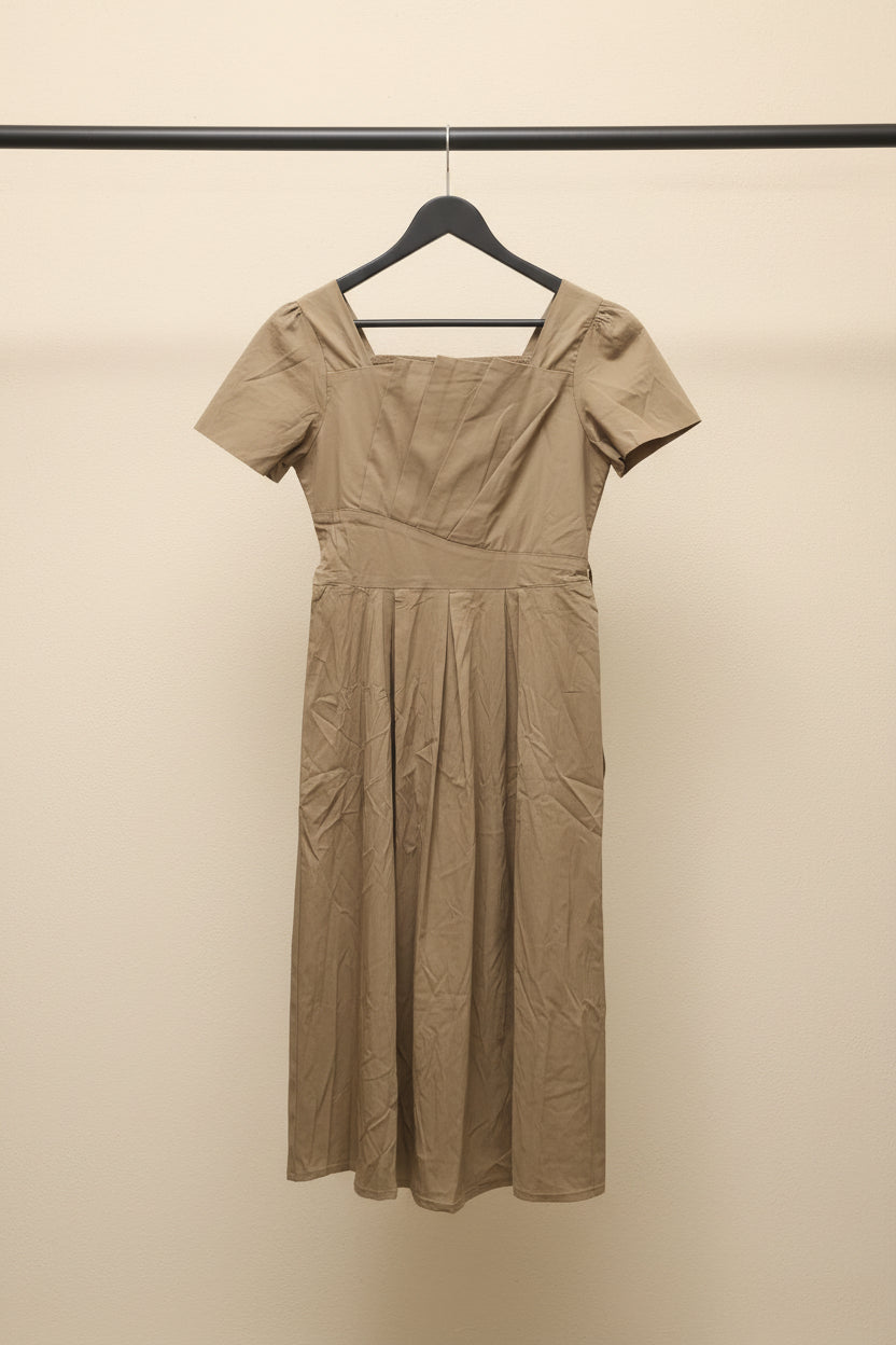 Women's Beige Square Neck Smocked Back Puff Sleeve Midi Dress