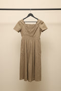 Women's Beige Square Neck Smocked Back Puff Sleeve Midi Dress