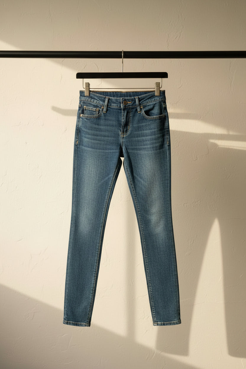 A pair of medium-wash blue denim jeans hanging on a wooden hanger against a white fabric backdrop.