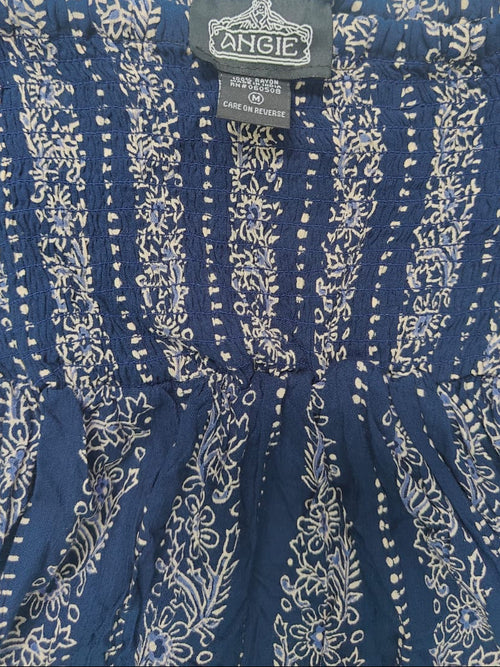 Angie Women's Blue Floral Smocked Off-Shoulder Bell Sleeve Rayon Top