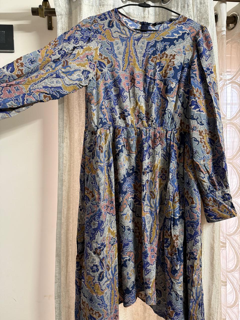 Zara Multicolor Printed Long Sleeve A-Line Dress