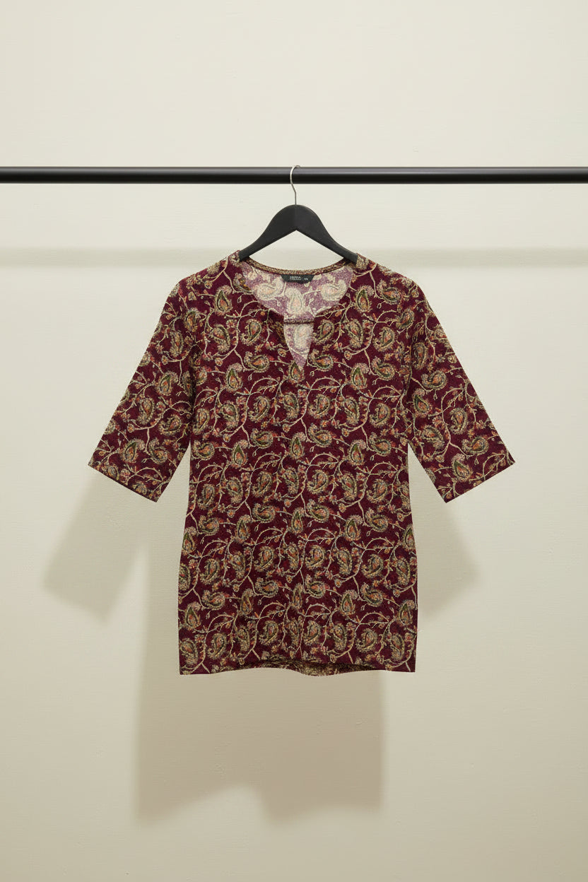 Women's Maroon Paisley Print Cotton Kurti