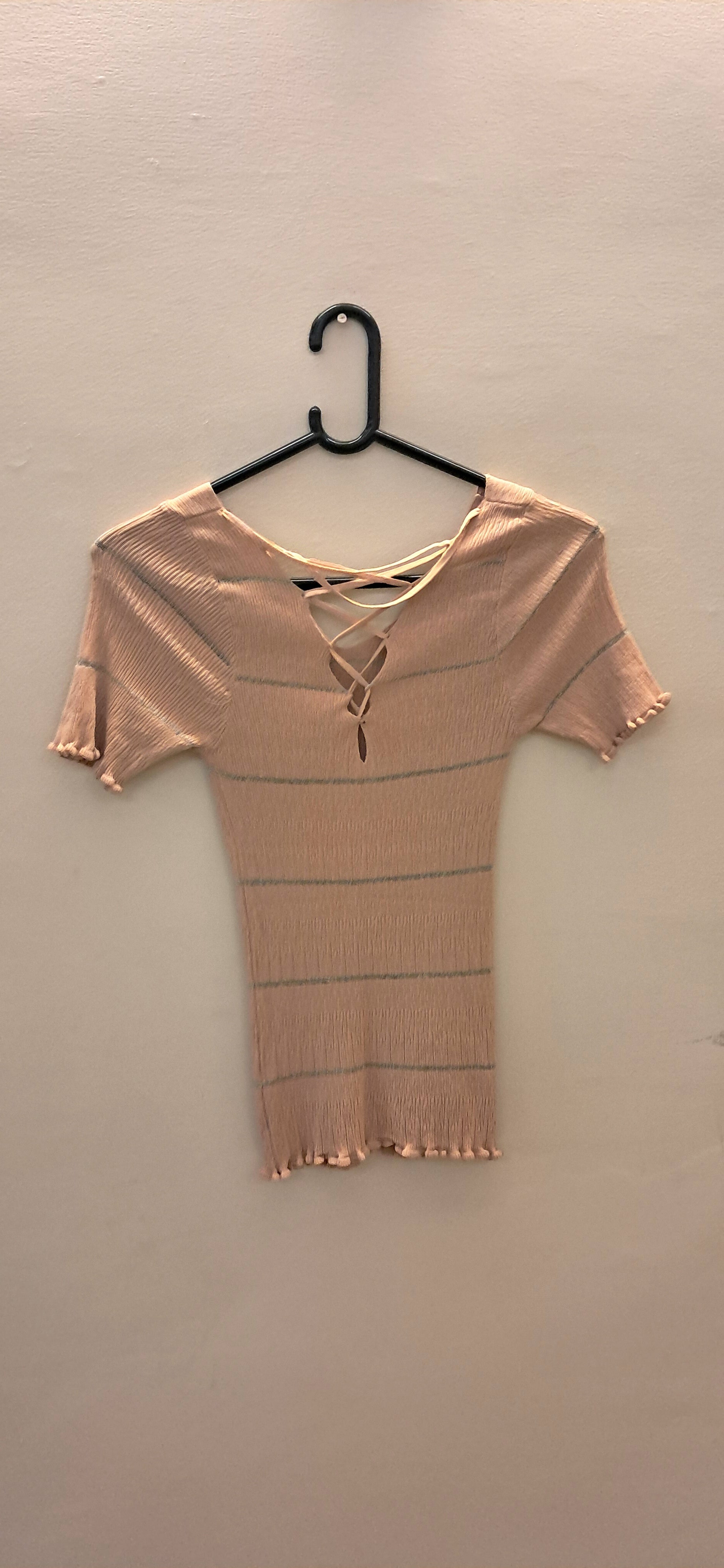 Women's Pink Ribbed Knit Short Sleeve Bodycon Top with Criss-Cross Back