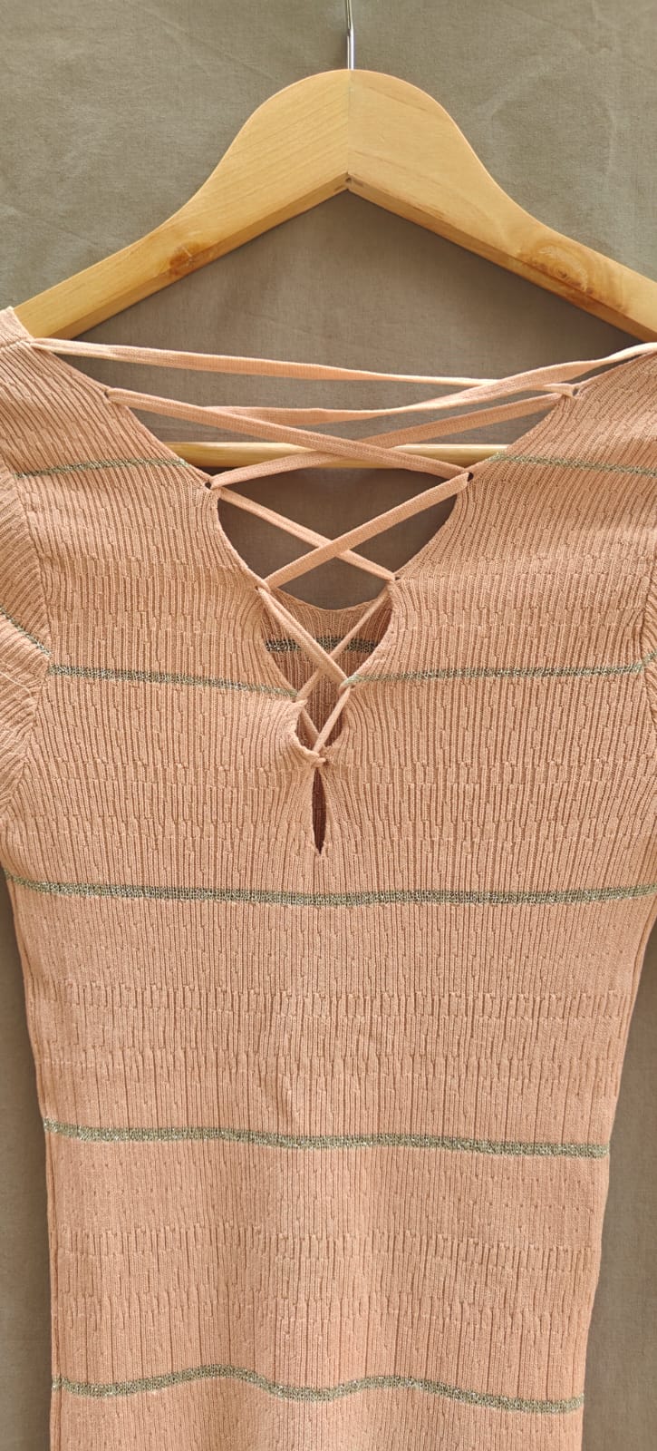 Women's Peach Ribbed Knit Criss-Cross Back Short Sleeve Top
